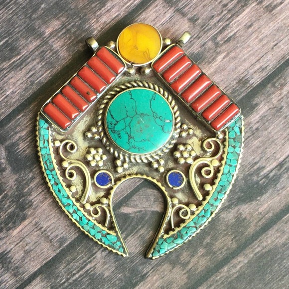 Other - ornate large ethnic tribal coral brass pendant